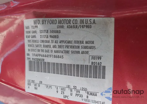 2000 Ford Mustang from USA, damaged, VIN 1FAFP4444YF186845